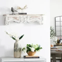 Shelves-Kirkland's Home White Distressed Carved Wood Acanthus Wall Shelf