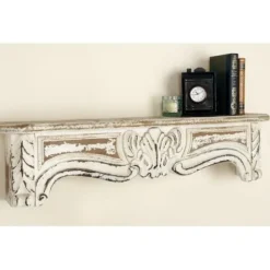 Shelves-Kirkland's Home White Distressed Carved Wood Acanthus Wall Shelf