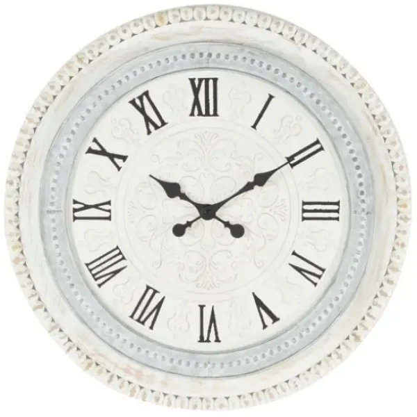 Clocks-Kirkland's Home White Distressed Wood Round Beaded Wall Clock