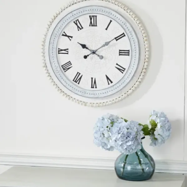 Clocks-Kirkland's Home White Distressed Wood Round Beaded Wall Clock
