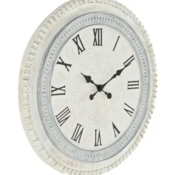 Clocks-Kirkland's Home White Distressed Wood Round Beaded Wall Clock