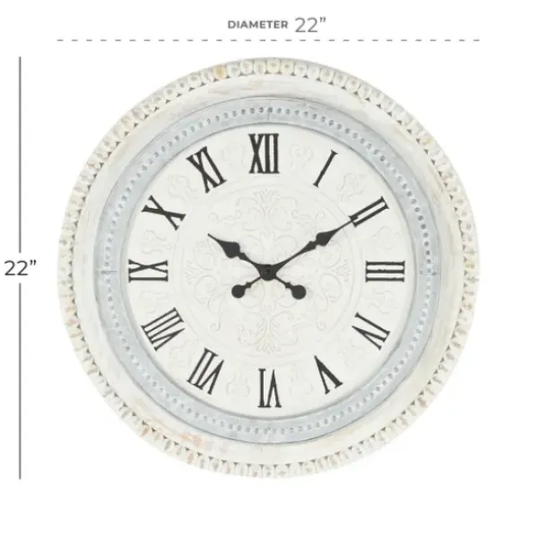 Clocks-Kirkland's Home White Distressed Wood Round Beaded Wall Clock