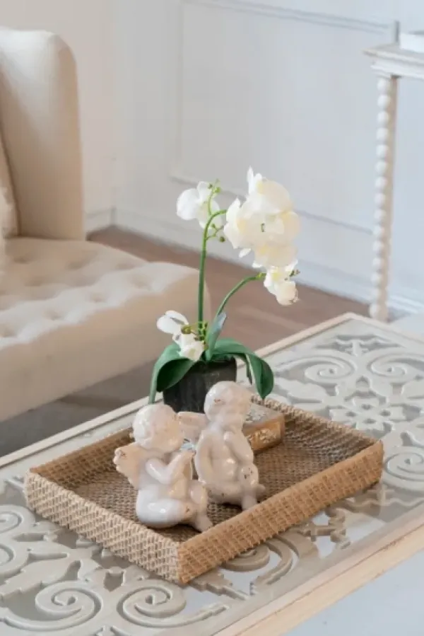 Decorative Trays-Kirkland's Home White Enameled Rectangle Mango Wood Tray Tan/White