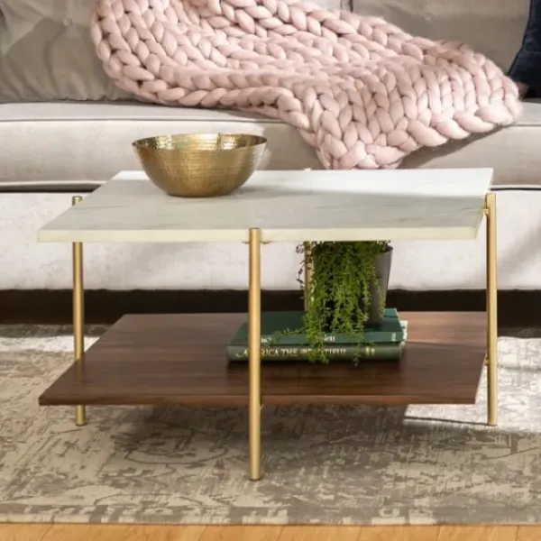 Coffee Tables-Kirkland's Home White Faux Marble And Brown Wood Coffee Table White/Gold