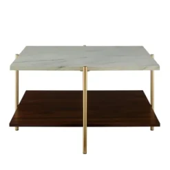 Coffee Tables-Kirkland's Home White Faux Marble And Brown Wood Coffee Table White/Gold