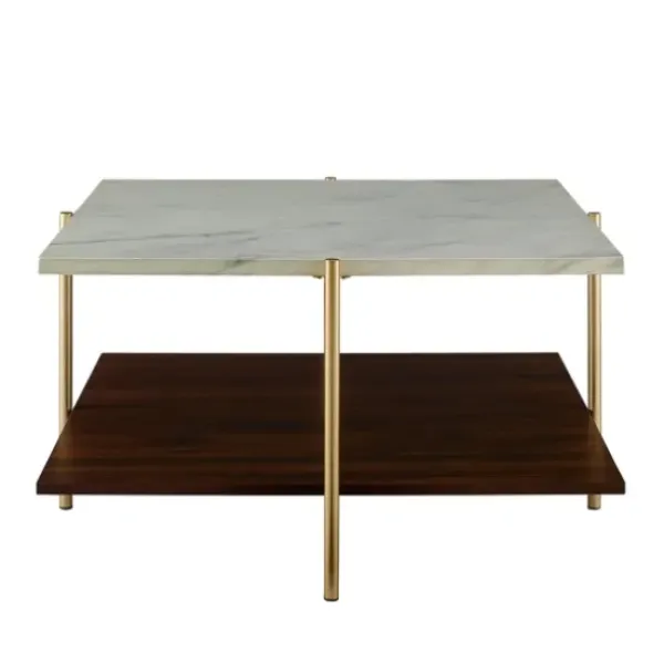 Coffee Tables-Kirkland's Home White Faux Marble And Brown Wood Coffee Table White/Gold