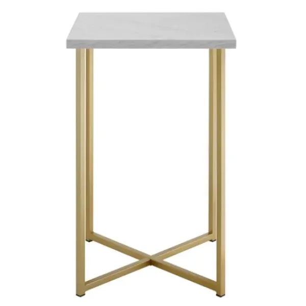 Accent & End Tables-Kirkland's Home White Faux Marble And Gold X-Base Accent Table