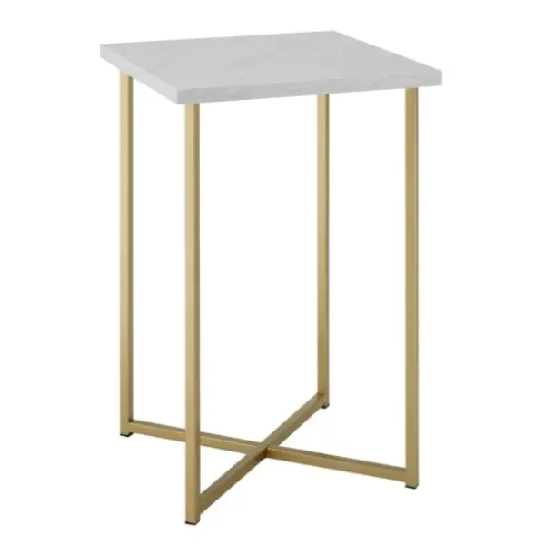 Accent & End Tables-Kirkland's Home White Faux Marble And Gold X-Base Accent Table