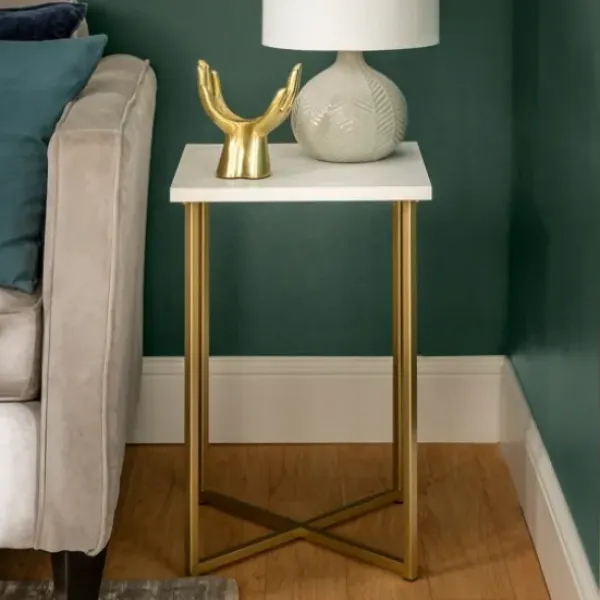 Accent & End Tables-Kirkland's Home White Faux Marble And Gold X-Base Accent Table