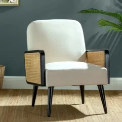 Accent Chairs-Kirkland's Home White Linen And Rattan Accent Chair Ivory