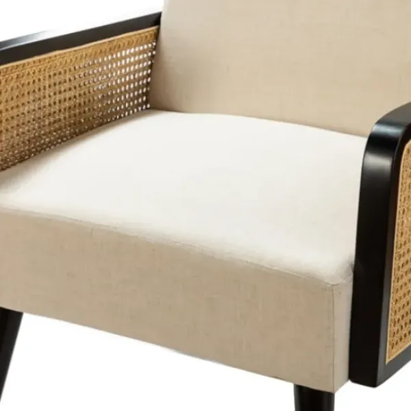 Accent Chairs-Kirkland's Home White Linen And Rattan Accent Chair Ivory