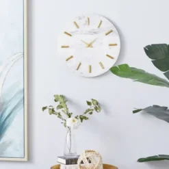 Clocks-Kirkland's Home White Marble And Gold Accent Wall Clock, 15 In.