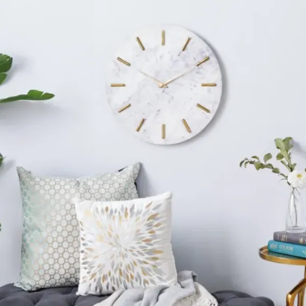 Clocks-Kirkland's Home White Marble And Gold Accent Wall Clock, 20 In.