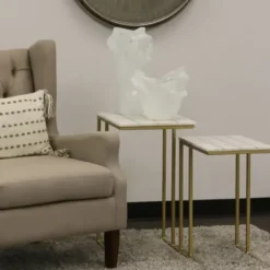 Accent & End Tables-Kirkland's Home White Marble And Gold Grid Accent Tables, Set Of 2 White/Gold