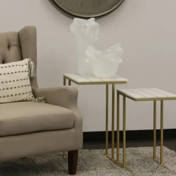 Accent & End Tables-Kirkland's Home White Marble And Gold Grid Accent Tables, Set Of 2 White/Gold