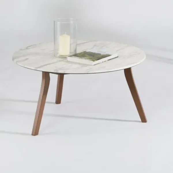Coffee Tables-Kirkland's Home White Marble And Wood Round Coffee Table Tan