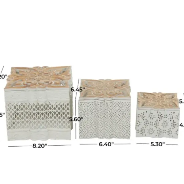 Baskets & Boxes-Kirkland's Home White Metal And Carved Wood Boxes, Set Of 3 White/Brown