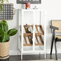 Kitchen Islands & Bar Carts-Kirkland's Home White Metal And Natural Wood 2-Door Bar Cabinet