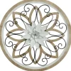 Wall Plaques-Kirkland's Home White Metal And Wood Floral Round Wall Plaque White/Tan/Black
