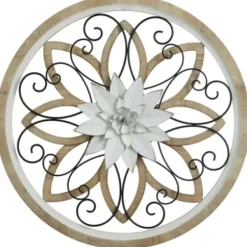 Wall Plaques-Kirkland's Home White Metal And Wood Floral Round Wall Plaque White/Tan/Black