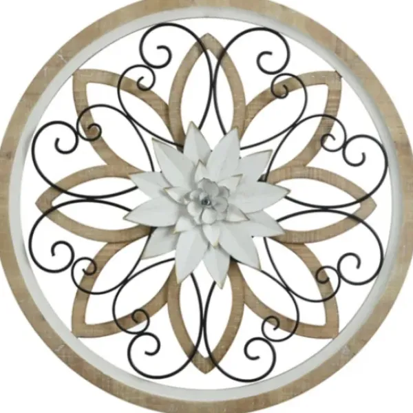 Wall Plaques-Kirkland's Home White Metal And Wood Floral Round Wall Plaque White/Tan/Black