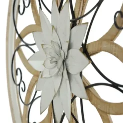 Wall Plaques-Kirkland's Home White Metal And Wood Floral Round Wall Plaque White/Tan/Black