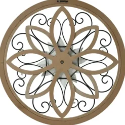 Wall Plaques-Kirkland's Home White Metal And Wood Floral Round Wall Plaque White/Tan/Black