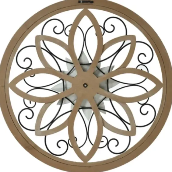 Wall Plaques-Kirkland's Home White Metal And Wood Floral Round Wall Plaque White/Tan/Black