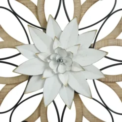 Wall Plaques-Kirkland's Home White Metal And Wood Floral Round Wall Plaque White/Tan/Black