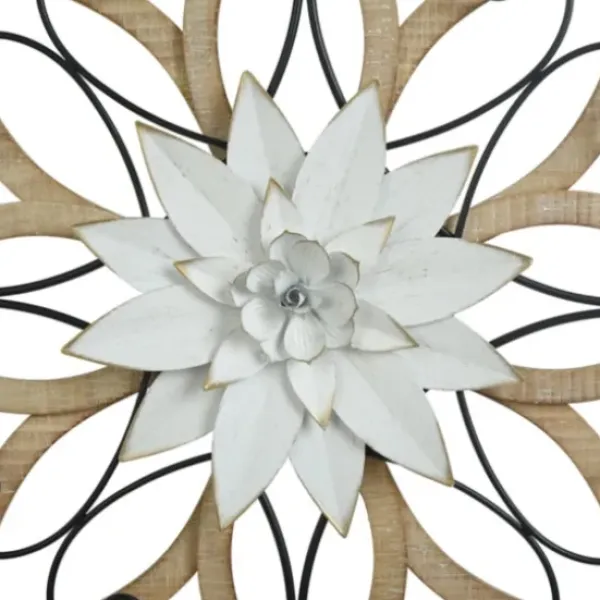 Wall Plaques-Kirkland's Home White Metal And Wood Floral Round Wall Plaque White/Tan/Black