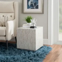 Accent & End Tables-Kirkland's Home White Mother Of Pearl Striped Side Table White/Ivory
