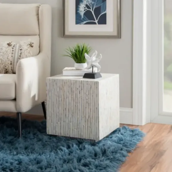 Accent & End Tables-Kirkland's Home White Mother Of Pearl Striped Side Table White/Ivory