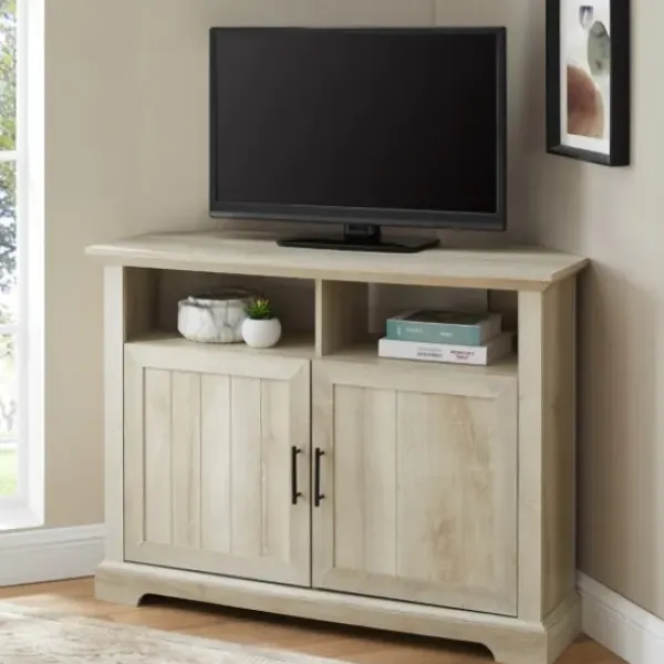 Tv Stands & Media Consoles-Kirkland's Home White Oak Grooved Door Corner Tv Stand Ivory