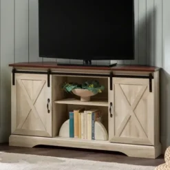Tv Stands & Media Consoles-Kirkland's Home White Oak Sliding Barn Doors Corner Tv Stand Ivory