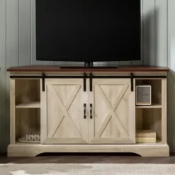 Tv Stands & Media Consoles-Kirkland's Home White Oak Sliding Barn Doors Corner Tv Stand Ivory