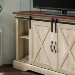 Tv Stands & Media Consoles-Kirkland's Home White Oak Sliding Barn Doors Corner Tv Stand Ivory