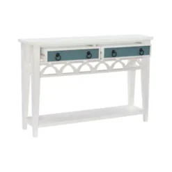 Console Tables-Kirkland's Home White Or Teal Paneled Fretwork Console Table White/Blue