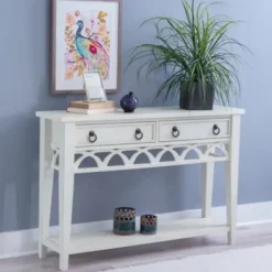 Console Tables-Kirkland's Home White Or Teal Paneled Fretwork Console Table White/Blue