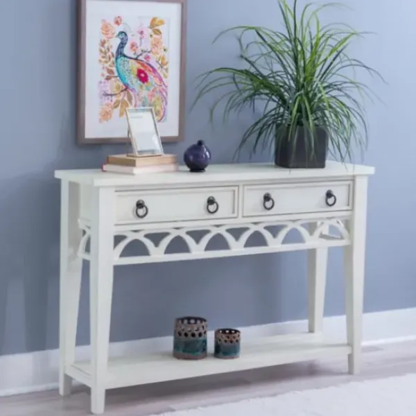 Console Tables-Kirkland's Home White Or Teal Paneled Fretwork Console Table White/Blue