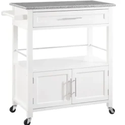 Kitchen Islands & Bar Carts-Kirkland's Home White Parker Granite Top Rolling Kitchen Cart