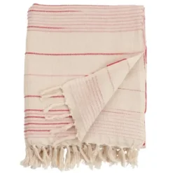 Blankets & Throws-Kirkland's Home White Pink Striped Fringe Throw Blanket White/Pink