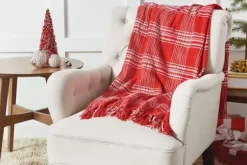 Blankets & Throws-Kirkland's Home White Plaid Christmas Throw Blanket Red