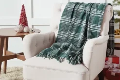 Blankets & Throws-Kirkland's Home White Plaid Christmas Throw Blanket Green