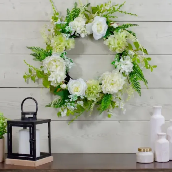 Wreaths-Kirkland's Home White Roses And Geraniums Wreath Green/White