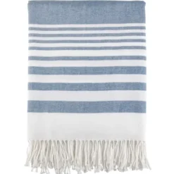 Blankets & Throws-Kirkland's Home White Stripe Throw Blanket With Fringe Blue