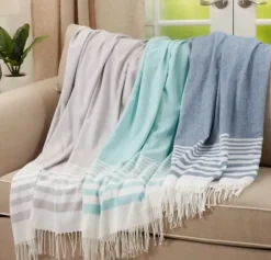 Blankets & Throws-Kirkland's Home White Stripe With Fringe Throw Blanket Gray
