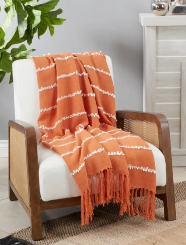 Blankets & Throws-Kirkland's Home White Striped Fringe Throw Blanket Orange