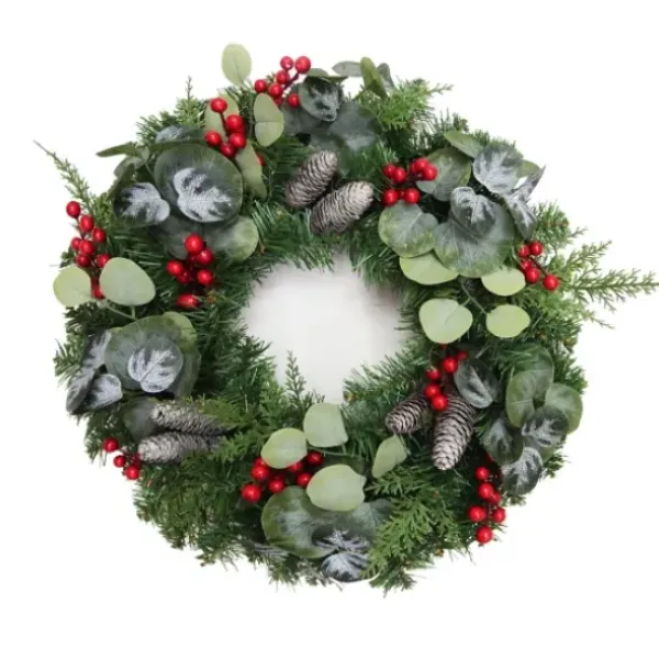 Wreaths-Kirkland's Home White Tip Pinecone And Eucalyptus Wreath Green/White/Red
