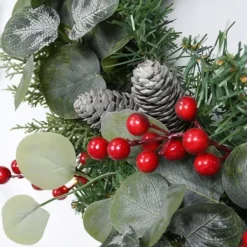 Wreaths-Kirkland's Home White Tip Pinecone And Eucalyptus Wreath Green/White/Red