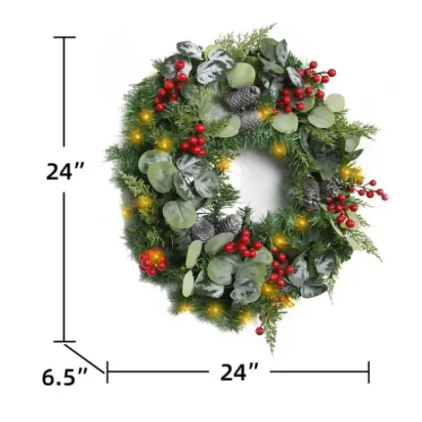 Wreaths-Kirkland's Home White Tip Pinecone And Eucalyptus Pre-Lit Wreath Green/White/Red